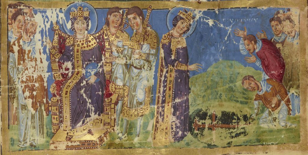 Empress Helena, mother of Emperor Constantine, under whose patronage the Council of Nicaea gathered: Detail from a Greek manuscript dated 879-883 CE. Photo: Public domain