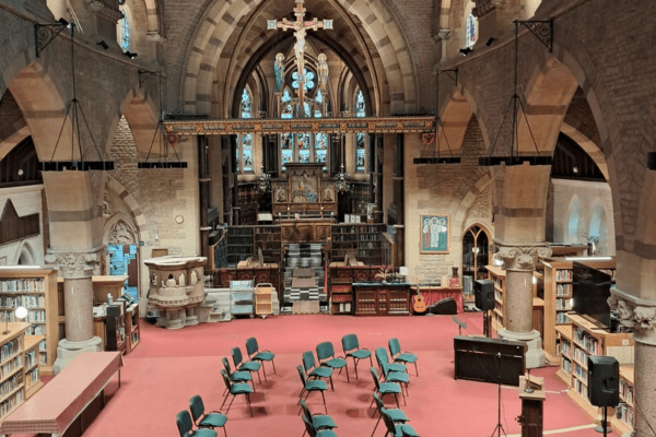 Interior view of new lighting facing altar