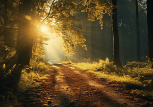 A sunlit path ahead through trees